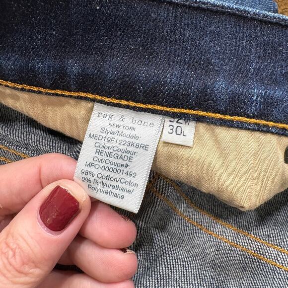 Rag & Bone Mens Size 32W 30L Fit 2 Slim Jeans Button Fly Renegade Dark Wash READ - Picture 7 of 16
